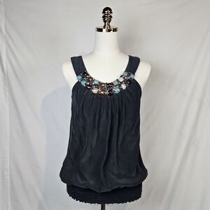 Karen Kane Womens Silk Beaded Sleeveless Tank‎ Top Black Sz M Boho Cottagecore
